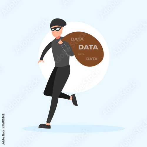 Cute flat illustration cartoon of thief hacker stealing data money for web sticker icon mascot logo