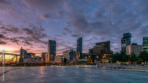 Office buildings in Liverpool, image captured at sunrise in the city center downtown docklands
