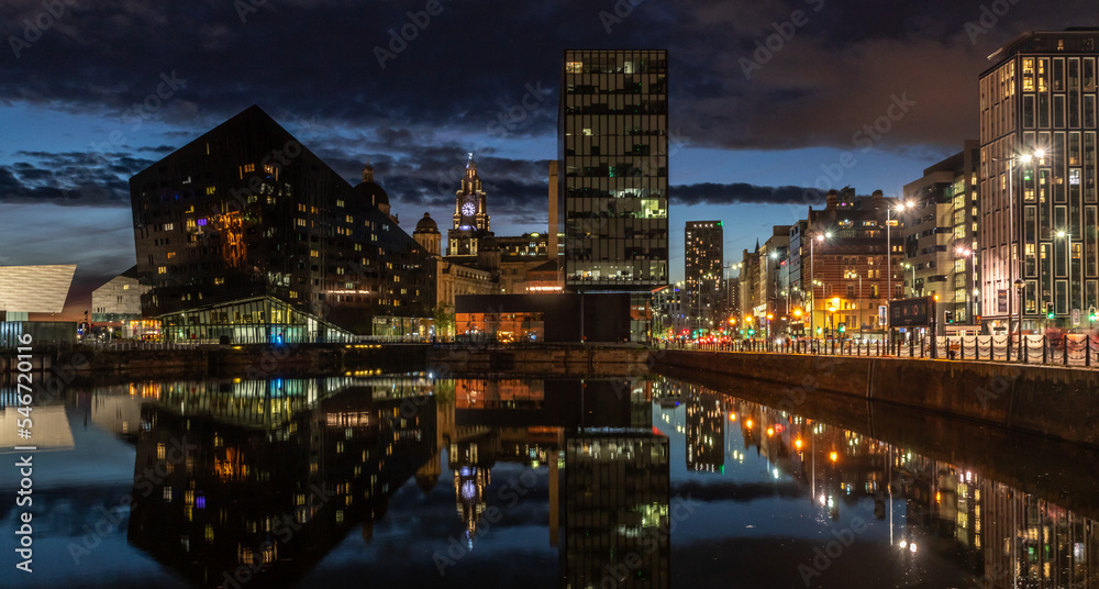 Office buildings in Liverpool, image captured at sunrise in the city center downtown docklands