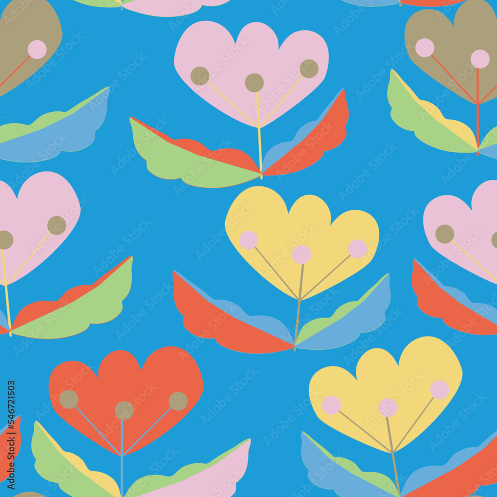 Sky Blue with pink, red and yellow flower elements with their stems and large leaves seamless pattern background design.