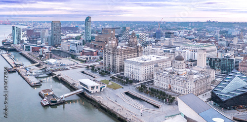 Aerial view Royal Albert Dock in Liverpool docklands in the city center  first rays in the morning