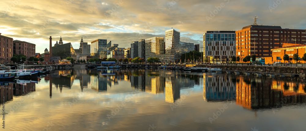 Royal Albert Dock, the Liverpool landmark, image captured at sunset in the city center downtown docklands