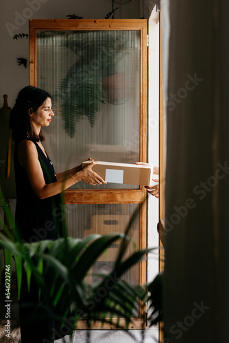 a woman delivers a package to another woman carrier photo
