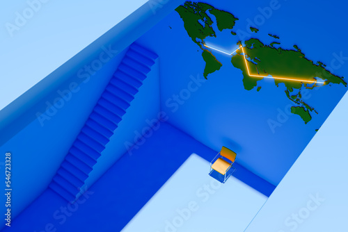 World map in an illuminated interior