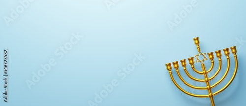 Golden menorah on pastel blue background. Hanukkah Jewish holiday banner design with copy space. 3d render photo