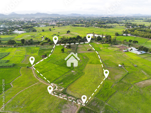 Land plot for building house aerial view, land field with pins, pin location for housing subdivision residential development owned sale rent buy or investment home or house expand the city suburb