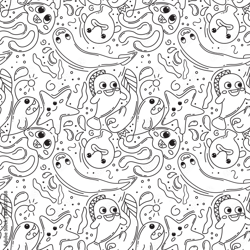 Hand-drawn seamless doodle pattern of doodle fish. Hipster abstract doodles with funny creatures. Fish, jellyfish, starfish, blob fish, eel. Kawaii black and white vector pattern for printing.