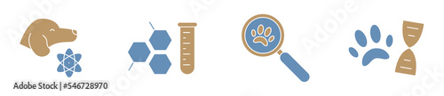 Pet dog genes test icon set, domestic pet DNA test concept, breed analysis kit vector icons, puppy evolution research emblems, animal race lab symbols isolated on white background