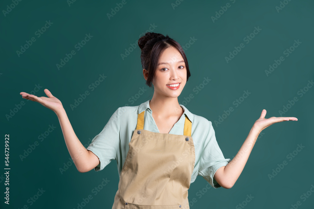 portrait of Asian woman wearing apron on green background portrait of Asian woman wearing apron on green background