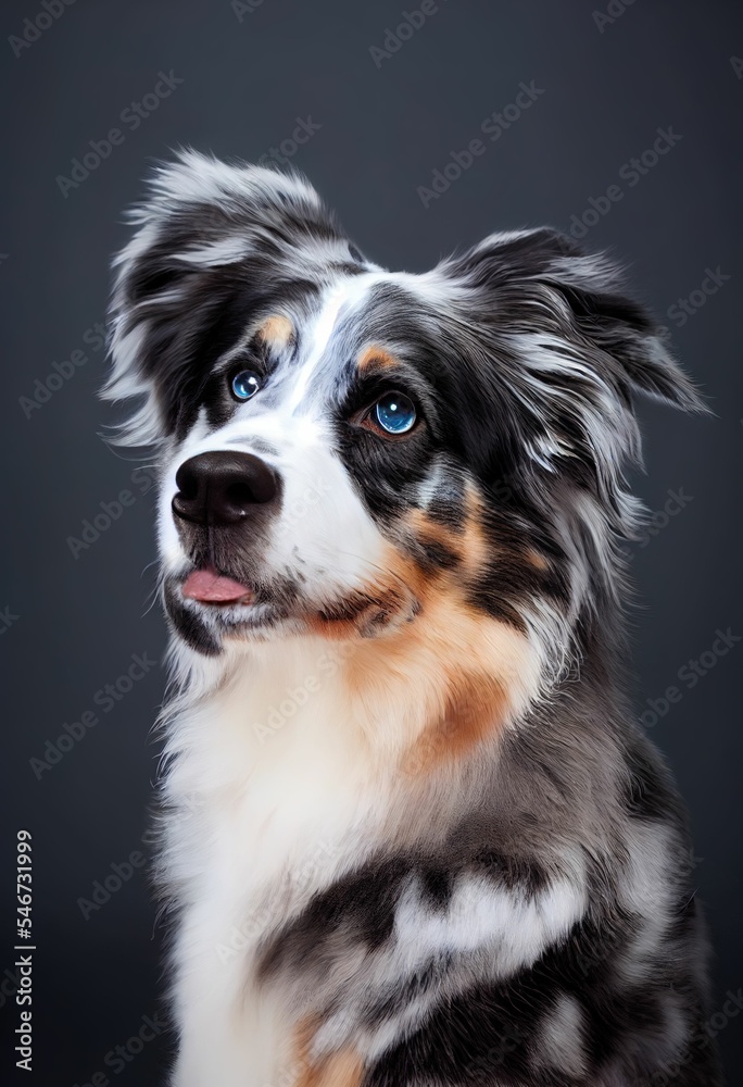 happy mini australian shepherd puppy, studio shot portrait