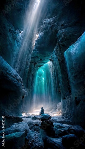 Fotografia, Obraz Inside a blue glacial ice cave in the glacier with waterfalls