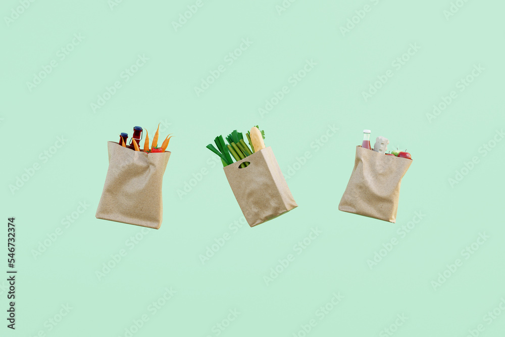 Shopping: Paper bags full of groceries floating on green background Shopping: Paper bags full of groceries floating on green background