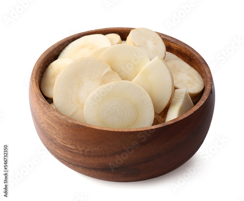 Bowl of tasty cut fresh ripe parsnip isolated on white