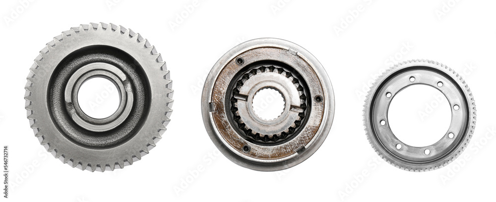 Set with different stainless steel gears on white background, top view. Banner design Set with different stainless steel gears on white background, top view. Banner design
