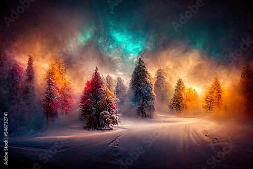 Mystical magical forest at night with glowing lights © DNY3D