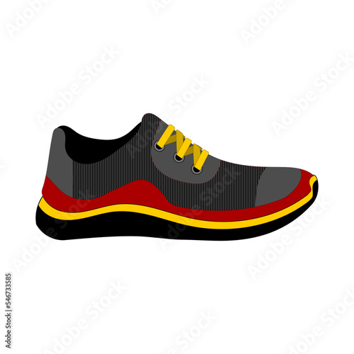 Black  red and yellow shoes isolated on white background. Bright Sport sneakers symbol. Vector illustration.