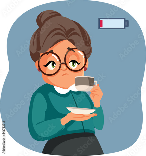 Senior Woman Holding a Coffee Cup Feeling Tired Vector Illustration. Senior granny lacking energy in the morning from sleep deprivation
