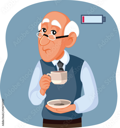 Elderly Man Holding a Coffee Cup Feeling Exhausted Vector Illustration. Senior grandpa lacking energy in the morning from sleep deprivation
