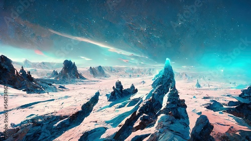 Fotografie, Obraz Alien planet with frozen ice rocks under the night sky
