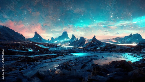 Obraz na plátně Alien planet with frozen ice rocks under the night sky