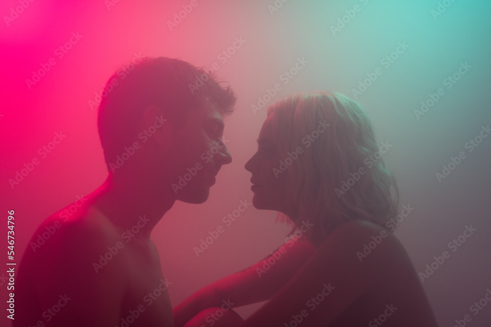 Dreamy lovers silhouettes staring to each other Dreamy lovers silhouettes staring to each other