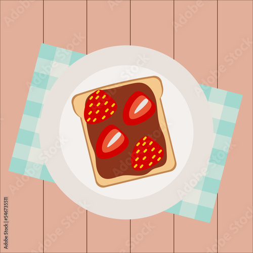 Simple flat sweet  toast with hazelnut butter spread cocoa nutella with strawberry slices on a white plate and blue napkin and brown wooden table background