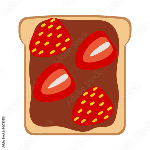 Simple flat sweet  toast with hazelnut butter spread cocoa nutella with strawberry slices 