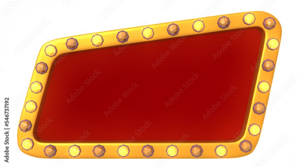 Red frame gold border light retro advertising sign on white background. 3d rendering