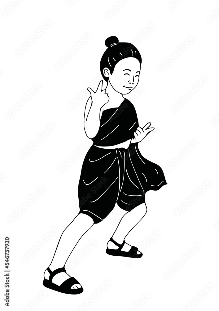 girl wearing Thai dress Hand drawn vector illustration. girl wearing Thai dress Hand drawn vector illustration.