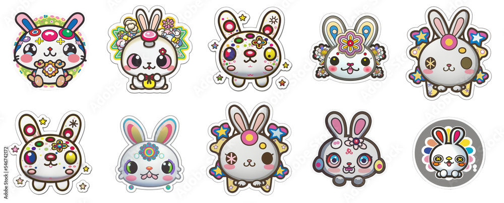 Rabbit 2023 New Year's icon sticker with cute illustrations of many ...