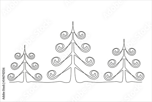 Three fir trees drawn one continuous line, editable strokes. 