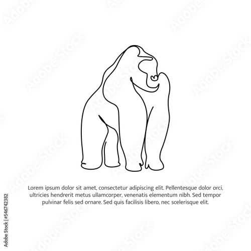 Gorilla line design. Simple animal silhouette decorative elements drawn with one continuous line. Vector illustration of minimalist style on white background.