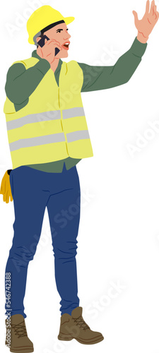 Construction worker speaking on the mobile phone wearing helmet and vest. Hand-drawn vector illustration isolated on white. Full length view