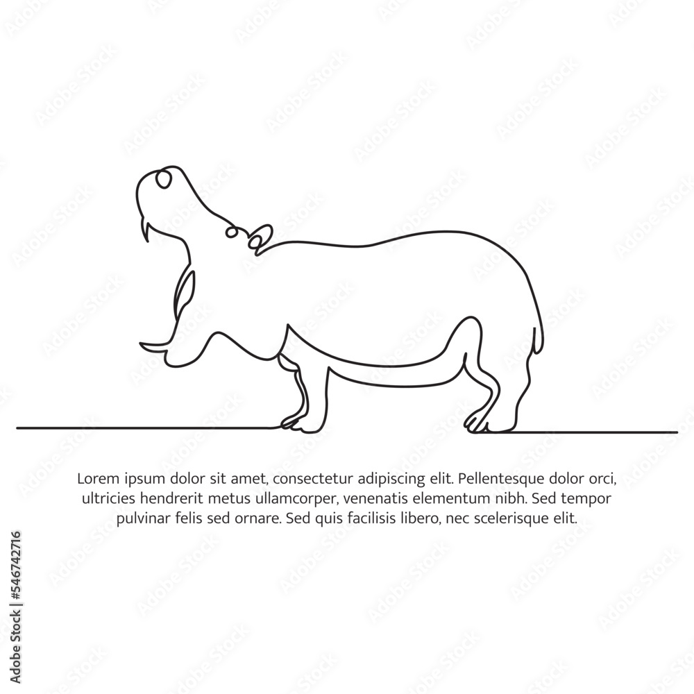Hippo line design. Simple animal silhouette decorative elements drawn with one continuous line. Vector illustration of minimalist style on white background.