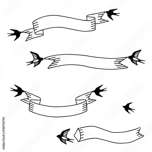 Hand drawn ribbon banner with swallows