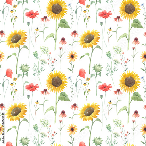 Beautiful vector floral seamless pattern with watercolor hand drawn field wild sunflower poppy flowers. Stock illustration.