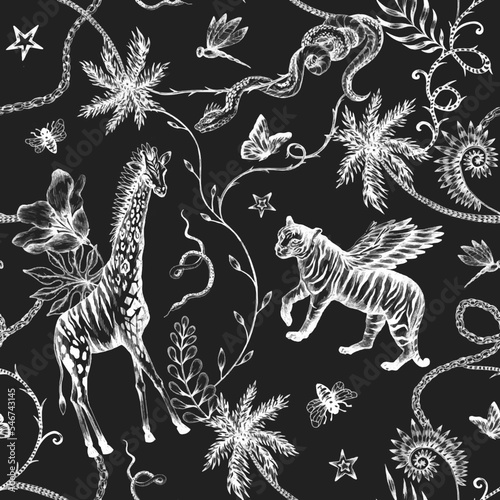 Bild auf Leinwand Beautiful vector trendy seamless pattern with hand drawn chimera animals birds insects and fantasy plants