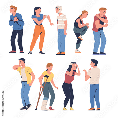 People suffering from pain, headache, backache set. Men and women feeling pain in body caused by illness or injury cartoon vector illustration