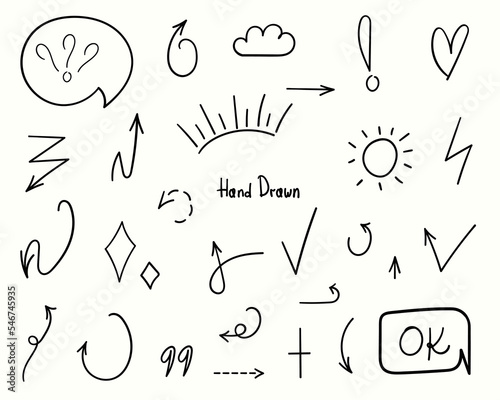 Hand drawn doodle set. Vector template illustration of arrows, speech bubbles, hearts, clouds, sun, question mark. Black design elements on a white background.
