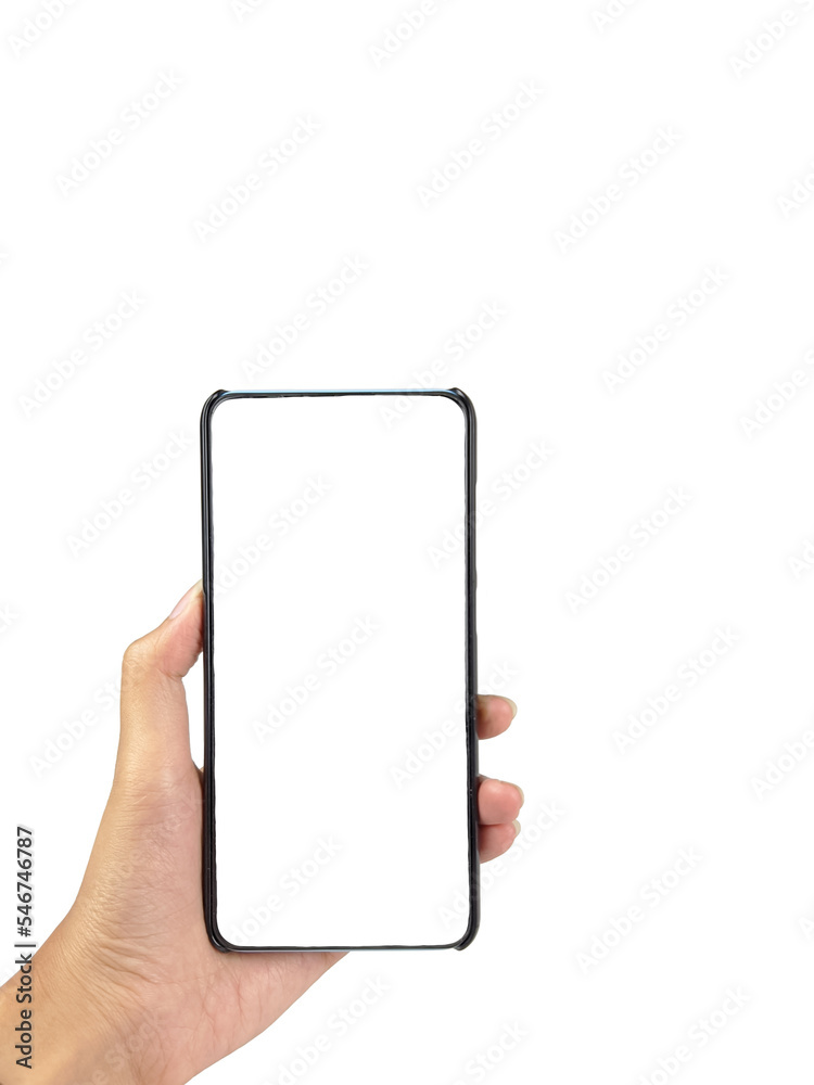 a woman's hand holding new smartphone on white background. Blank screen ...