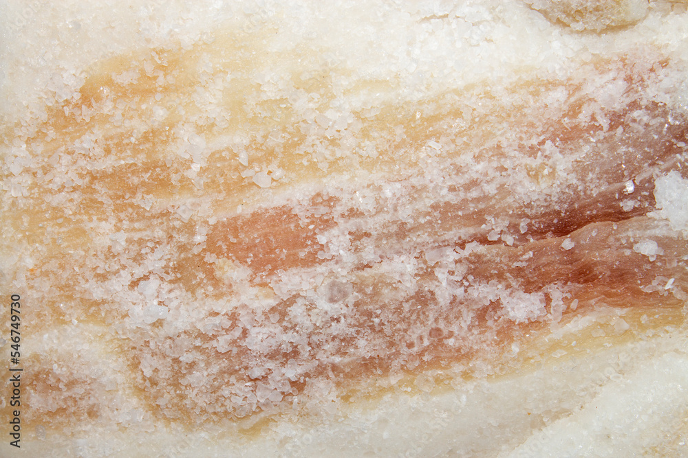 Ukrainian lard with salt and garlic.Homemade lard in salt, top view.A piece of frozen bacon.The texture of lard.