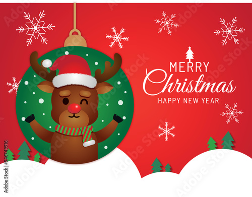 Christmas banner of reindeer inside a sphere, vector illustration