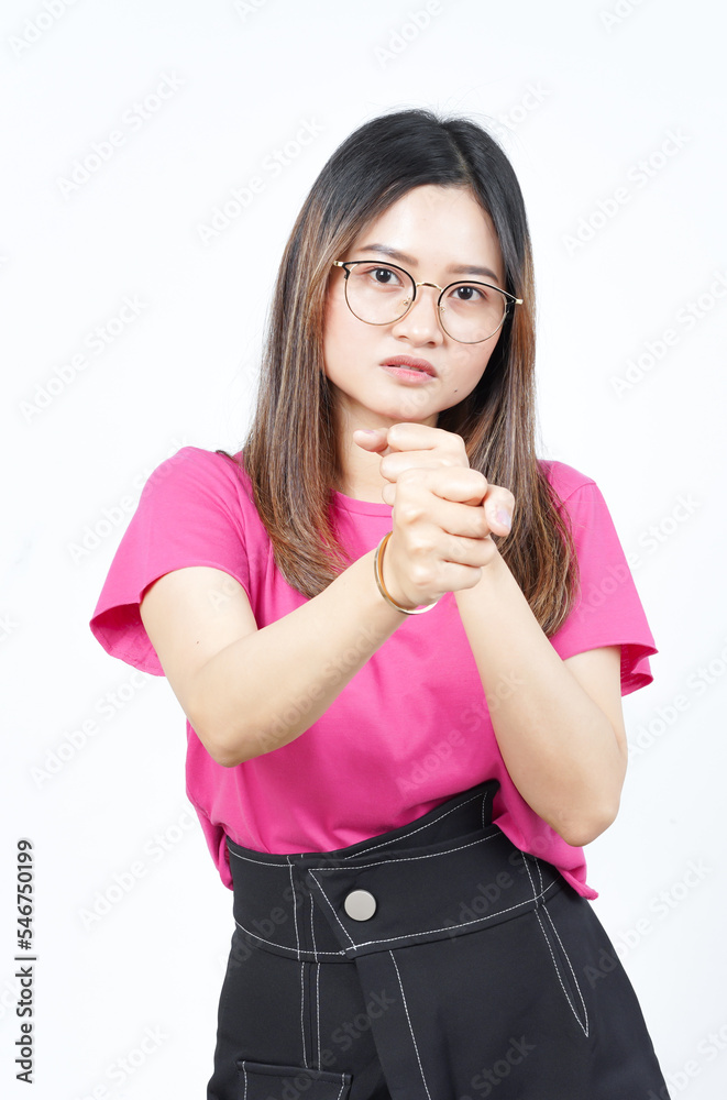 Punching fist to fight Of Beautiful Asian Woman Isolated On White Background