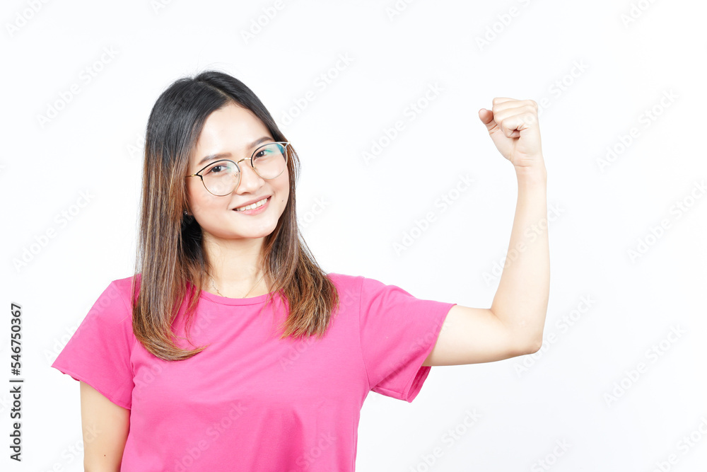 Showing strength and rise arms Of Beautiful Asian Woman Isolated On White Background Showing strength and rise arms Of Beautiful Asian Woman Isolated On White Background