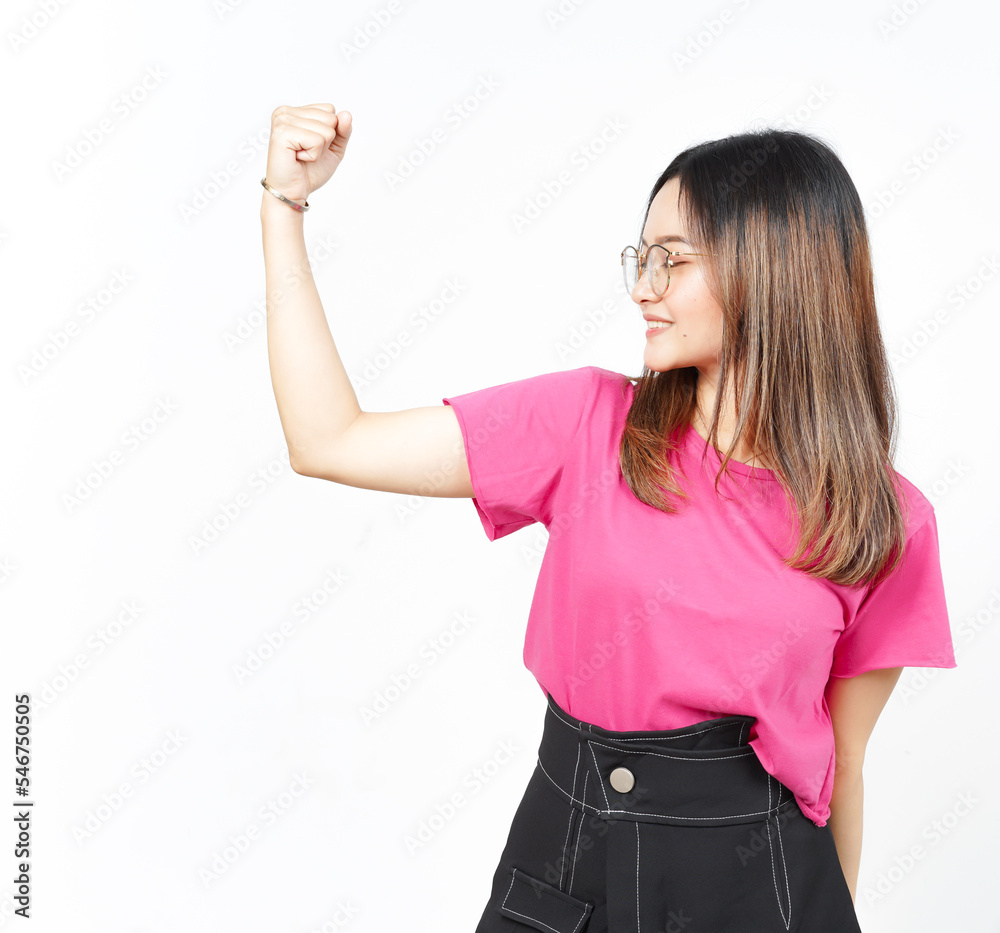 Showing strength and rise arms Of Beautiful Asian Woman Isolated On White Background Showing strength and rise arms Of Beautiful Asian Woman Isolated On White Background