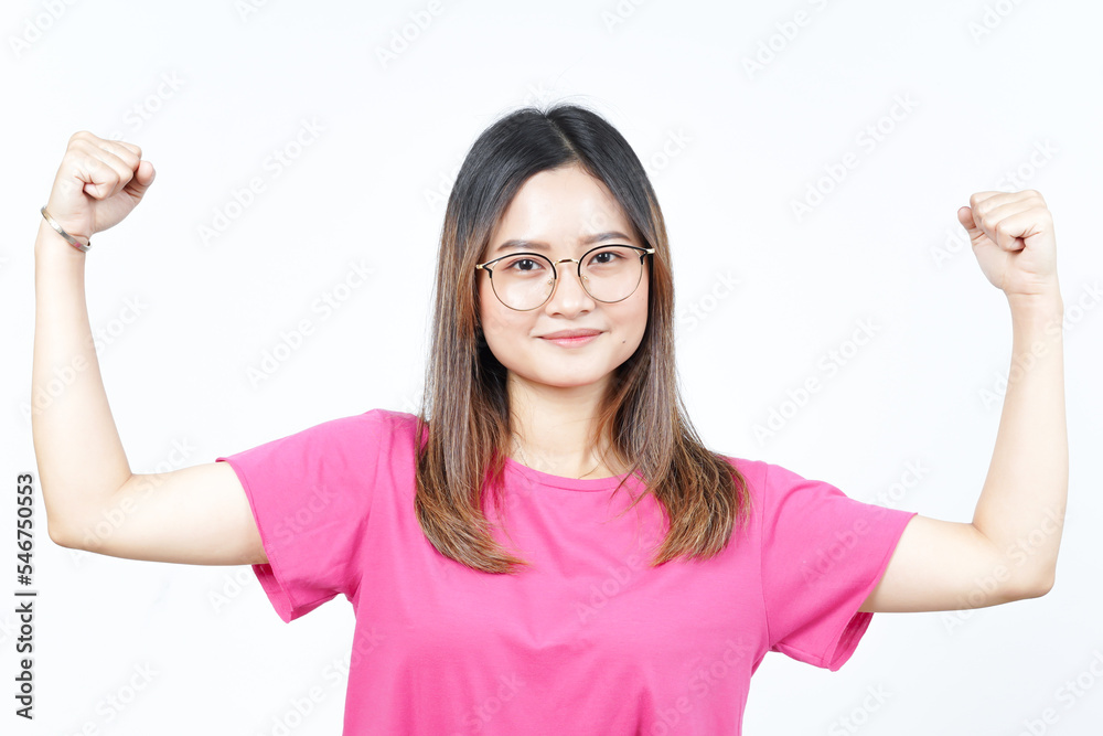 Showing strength and rise arms Of Beautiful Asian Woman Isolated On White Background Showing strength and rise arms Of Beautiful Asian Woman Isolated On White Background