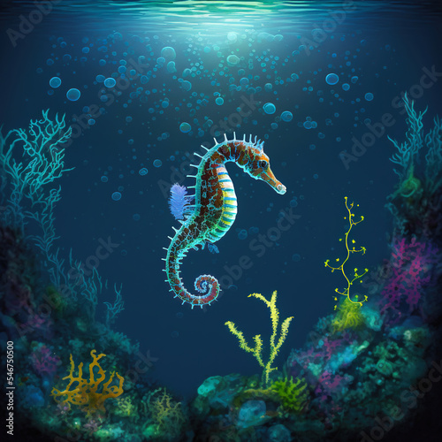 Luminous Colorful Seahorse Floating in the Deep Water © LadyAI