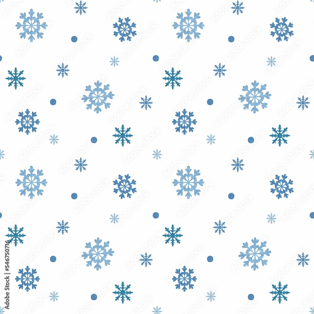 Simple snowflake background. Seamless pattern with Isolated hand drawn blue snowflakes on white background. Simple snowflake background. Seamless pattern with Isolated hand drawn blue snowflakes on white background.