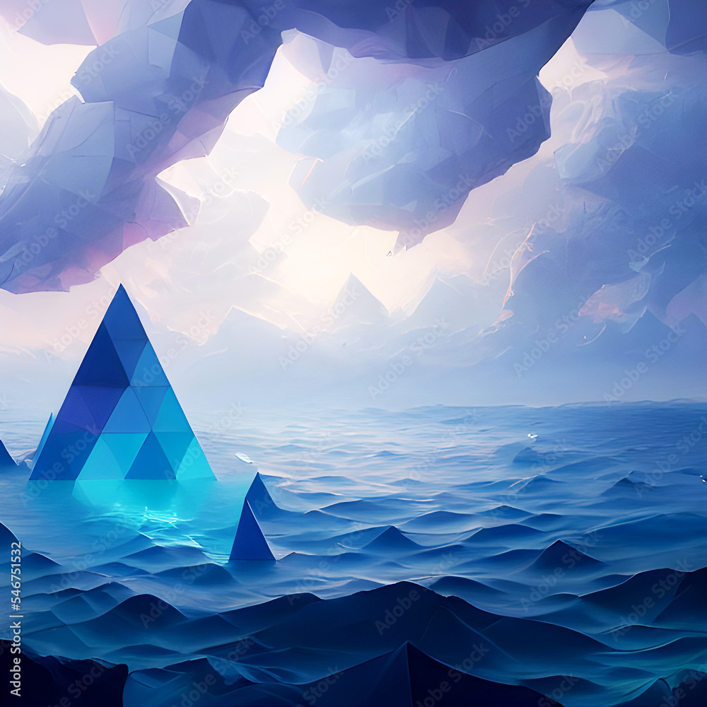 Crystal Pyramid Island on the Vast Blue Ocean - Polygonal Fantasy Graphic Art
