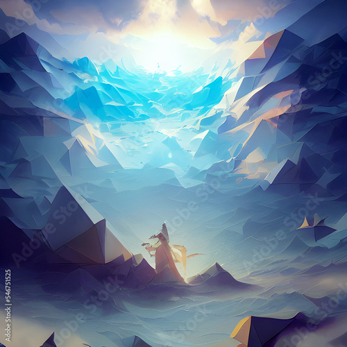 A White-blue Mountain With a Bright Light Backdrop - Polygonal Fantasy Graphic Art 